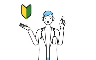 Female doctor in white coats with stethoscopes, senior, middle-aged veterans showing the symbol for young leaves.