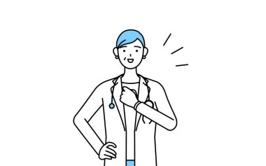 Female doctor in white coats with stethoscopes, senior, middle-aged veterans tapping her chest.