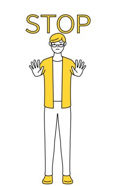 A casually dressed young man with his hand out in front of his body, signaling a stop.