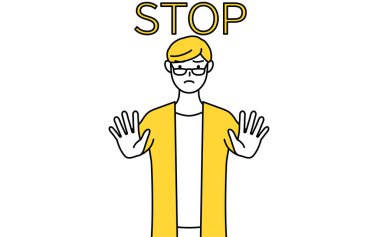 A casually dressed young man with his hand out in front of his body, signaling a stop, Vector Illustration