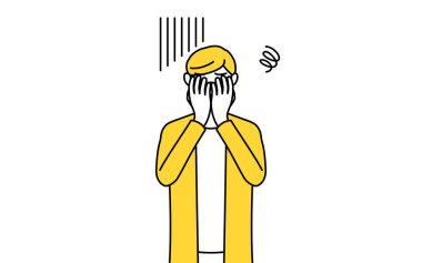 A casually dressed young man covering his face in depression, Vector Illustration