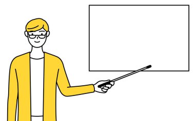 A casually dressed young man pointing at a whiteboard with an indicator stick, Vector Illustration