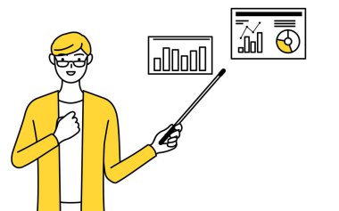 A casually dressed young man analyzing a performance graph, Vector Illustration