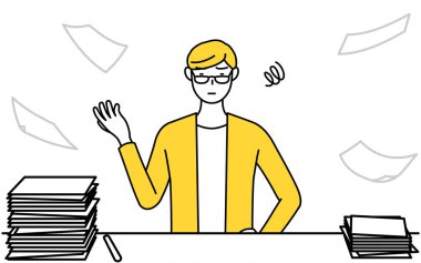 A casually dressed young man who is fed up with his unorganized business, Vector Illustration