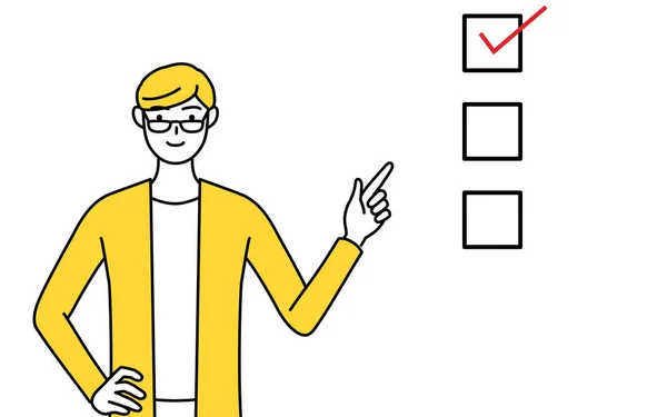 Casually Dressed Young Man Pointing Checklist Vector Illustration — стоковый вектор