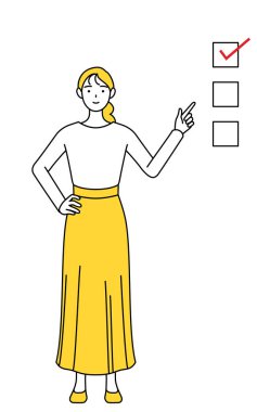 Gelişigüzel giyinmiş genç bir kadın bir listeyi işaret ediyor, Vektör İllüstrasyonu.