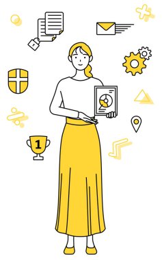 Görüntü DX, gelişigüzel giyinmiş genç bir kadın dijital teknolojiyi işini geliştirmek için kullanıyor, Vector Illustration