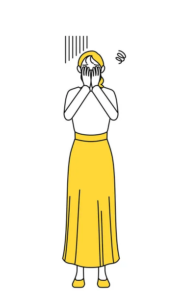 Una Joven Casualmente Vestida Cubriéndose Cara Con Depresión Vector Illustration — Vector de stock