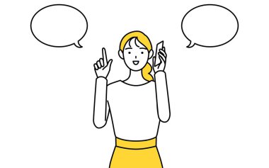 Sıradan giyinmiş genç bir kadın telefonda Vector Illustration 'ı işaret ediyor.