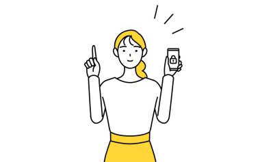 Telefonuna güvenlik önlemi alan sıradan giyinmiş genç bir kadın, Vector Illustration.