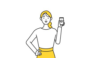 İş yerinde akıllı telefon kullanan sıradan giyimli genç bir kadın, Vector Illustration.