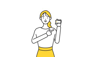 Sıradan giyimli genç bir kadın kredi kartı ödemesi öneriyor, Vector Illustration.