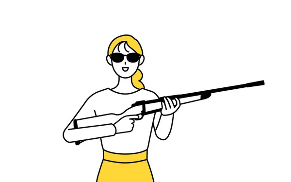 Una Joven Casualmente Vestida Con Gafas Sol Sosteniendo Rifle Vector — Vector de stock
