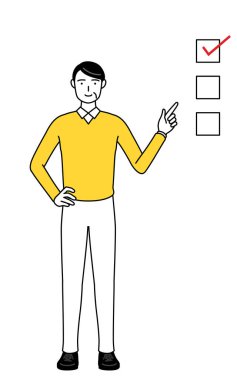 Emekli yaşlılar, orta yaşlı bir adam, bir kontrol listesine işaret ediyor..