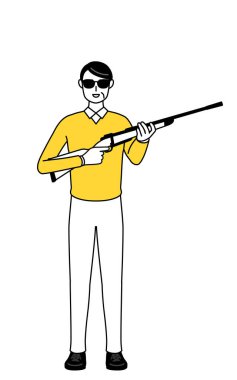 Emekli yaşlılar, orta yaşlı, güneş gözlüklü ve elinde tüfekle..