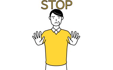 Emekli son sınıflar, orta yaşlı bir adam, elini vücudunun önüne uzatmış, bir dur işareti veriyor, Vector Illustration