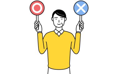 Emekli yaşlılar, orta yaşlı bir adam, elinde doğru ve yanlış cevapları gösteren bir sopa var, Vektör İllüzyonu