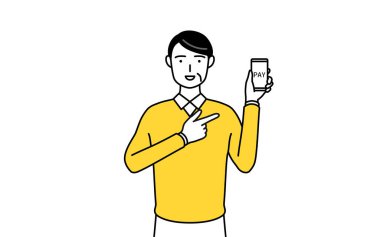 Emekli yaşlılar, orta yaşlı bir adam, akıllı bir telefondan nakit ödeme öneriyor, Vector Illustration.