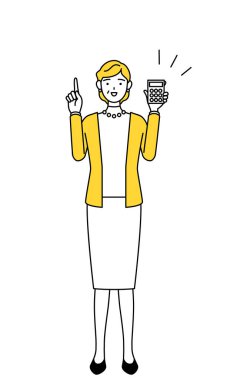 Emekli yaşlılar, orta yaşlı bir kadın, elinde bir hesap makinesi var..