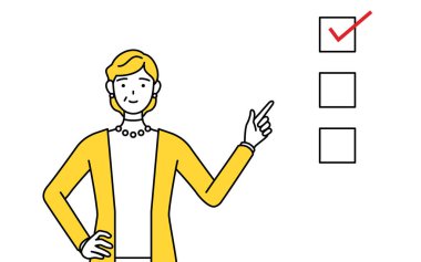 Emekli yaşlılar, orta yaşlı kadınlar, bir listeye işaret ediyorlar, Vektör İllüzyonu.