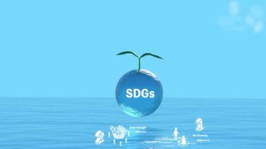 SDG 'lerin çevresel koruma görüntüsü, sürdürülebilir Kalkınma Hedeflerinin canlandırılması Deniz ve yeşil arkaplanda yüzen simgeler
