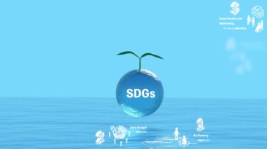 SDG 'lerin çevresel koruma görüntüsü, Sürdürülebilir Kalkınma Hedeflerinin canlandırılması deniz ve yeşil arkaplanda yüzen ve kaybolan simge