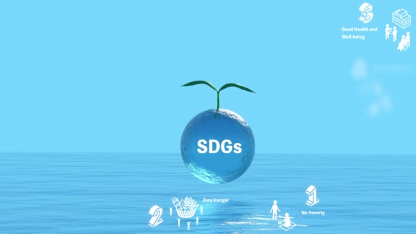 可持续发展目标的环境保护形象 在海洋和绿色背景上漂浮的可持续发展目标图标的动画 生态形象 — 图库视频影像