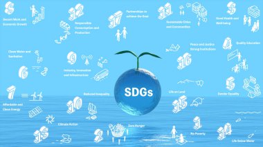 SDG 'lerin çevresel koruma görüntüsü, Sürdürülebilir Kalkınma Hedefi Okyanus ve yeşil arka planlı Simge 17, Ekolojik görüntü