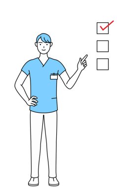 Erkek hemşire, fizyoterapist, mesleki terapist, konuşma terapisti, üniformalı hemşire bir listeye işaret ediyor: