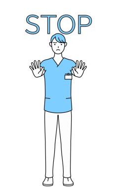 Erkek hemşire, fizyoterapist, mesleki terapist, konuşma terapisti, üniformalı hemşire asistanı ellerini vücudunun önüne uzatarak, bir dur işareti veriyor, Vektör İllüzyonu.