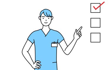 Erkek hemşire, fizyoterapist, mesleki terapist, konuşma terapisti, üniformalı hemşire bir listeye işaret ediyor: