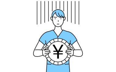 Erkek hemşire, fizyoterapist, mesleki terapist, konuşma terapisti, üniformalı hemşire. Değişim kaybı veya yen kaybı görüntüsü, Vektör İllüstrasyonu.