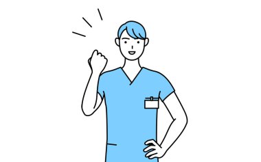 Erkek hemşire, fizyoterapist, mesleki terapist, konuşma terapisti, üniformalı hemşire asistanı cesaretle poz veriyor, vektör illüstrasyonu.