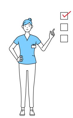 Kadın hemşire, fizyoterapist, mesleki terapist, konuşma terapisti, üniformalı hemşire bir listeye işaret ediyor: