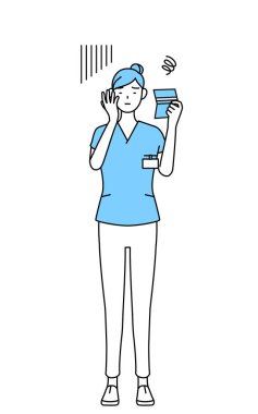 Kadın hemşire, fizyoterapist, mesleki terapist, konuşma terapisti, üniformalı hemşire banka defterine bakıyor ve depresyonda, Vector Illustration