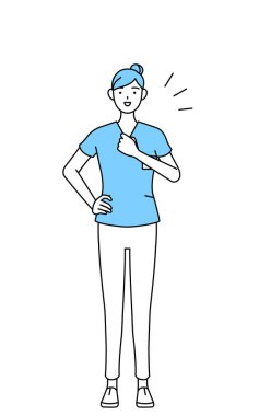 Kadın hemşire, fizyoterapist, mesleki terapist, konuşma terapisti, üniformalı hemşire asistanı göğsüne dokunuyor.