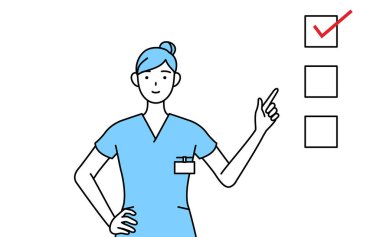 Kadın hemşire, fizyoterapist, mesleki terapist, konuşma terapisti, üniformalı hemşire bir listeye işaret ediyor: