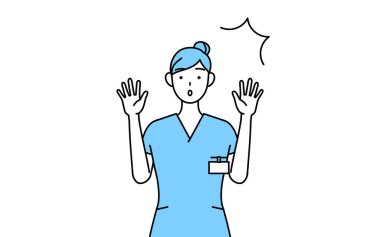 Kadın hemşire, fizyoterapist, mesleki terapist, konuşma terapisti, üniformalı hemşire elini kaldırıyor.