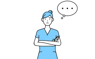 Kadın hemşire, fizyoterapist, mesleki terapist, konuşma terapisti, kollarını kavuşturmuş hemşire asistanı, derin düşüncelere dalmış, Vektör İllüzyonu.