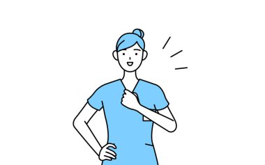 Kadın hemşire, fizyoterapist, mesleki terapist, konuşma terapisti, üniformalı hemşire asistanı göğsüne dokunuyor.