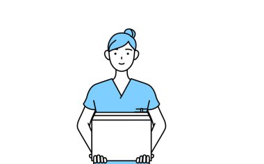 Kadın hemşire, fizyoterapist, mesleki terapist, konuşma terapisti, karton kutuları taşımaya çalışan üniformalı hemşire yardımcısı,