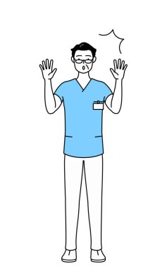 Orta yaşlı, kıdemli erkek hemşire, fizyoterapist, mesleki terapist, konuşma terapisti, üniformalı hemşire asistanı elini kaldırıyor.