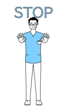 Orta yaşlı, kıdemli erkek hemşire, fizyoterapist, mesleki terapist, konuşma terapisti, üniformalı hemşire asistanı ellerini vücudunun önüne uzatmış, bir duruş işareti veriyor, Vector Illustration.