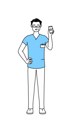 Orta yaşlı, kıdemli erkek hemşire, fizyoterapist, mesleki terapist, konuşma terapisti, iş yerinde akıllı telefon kullanan hemşire asistanı, Vector Illustration