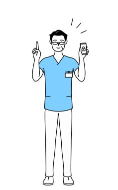 Orta yaşlı, kıdemli erkek hemşire, fizyoterapist, mesleki terapist, konuşma terapisti, üniformalı hemşire yardımcısı telefonu için güvenlik önlemleri alıyor.