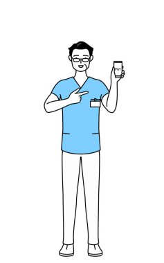 Orta yaşlı, kıdemli erkek hemşire, fizyoterapist, mesleki terapist, konuşma terapisti, üniformalı hemşire akıllı telefondan nakitsiz online ödeme öneriyor, Vector Illustration.
