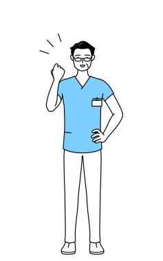 Orta yaşlı, kıdemli erkek hemşire, fizyoterapist, mesleki terapist, konuşma terapisti, üniformalı hemşire, cesaretle poz veren Vector Illustration.