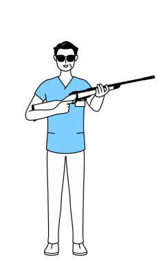 Orta yaşlı, kıdemli erkek hemşire, fizyoterapist, mesleki terapist, konuşma terapisti, üniformalı, güneş gözlüklü hemşire yardımcısı ve elinde bir tüfek, Vektör İllüzyonu.