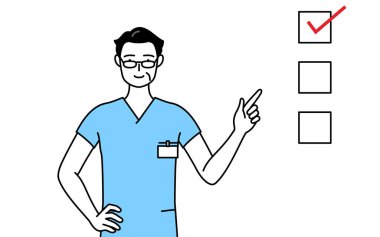 Orta yaşlı, kıdemli erkek hemşire, fizyoterapist, mesleki terapist, konuşma terapisti, üniformalı hemşire bir listeye işaret ediyor: