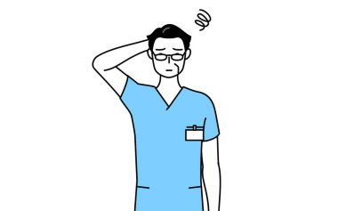 Orta yaşlı, kıdemli erkek hemşire, fizyoterapist, mesleki terapist, konuşma terapisti, üniformalı hemşire başının derde girmesi, Vektör İllüzyonu.